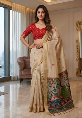 Cream Zari Work Silk Saree Set