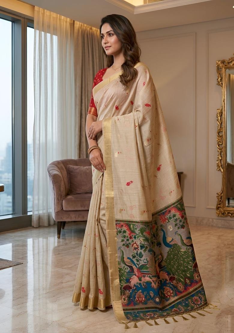 Cream Zari Work Silk Saree Set - Indya
