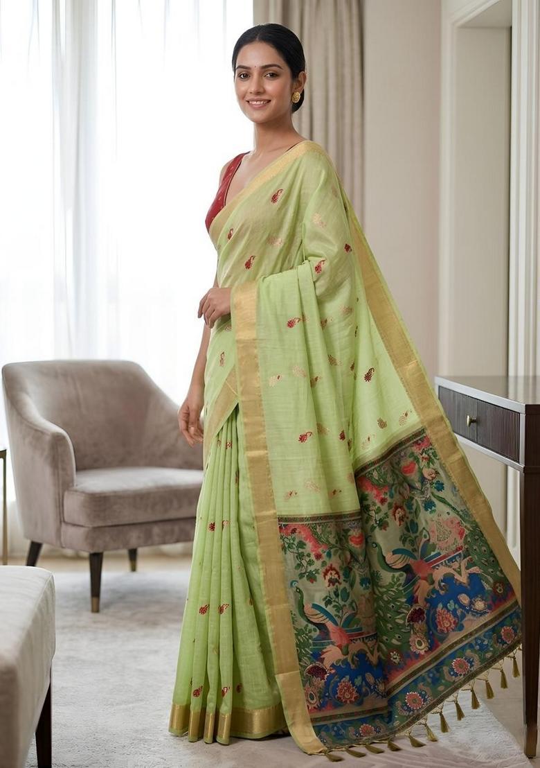 Green Zari Work Silk Saree Set - Indya