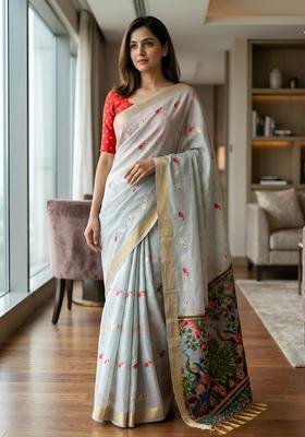 Grey Zari Work Silk Saree Set