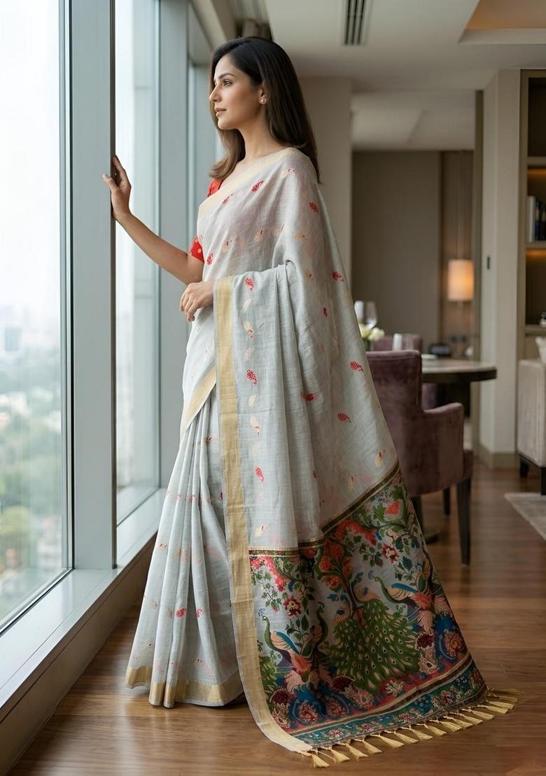 Grey Zari Work Silk Saree Set - Indya