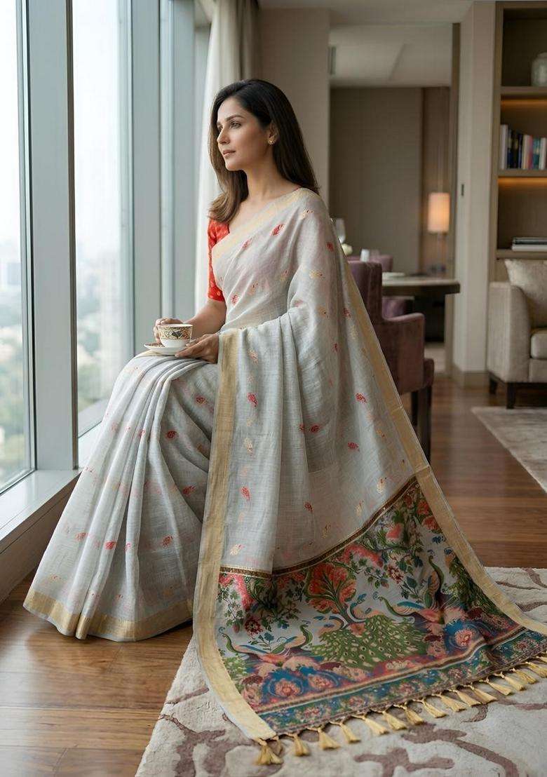 Grey Zari Work Silk Saree Set for Diwali and Festive Wear - Indya
