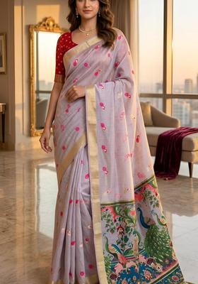 Lavender Zari Work Silk Saree Set