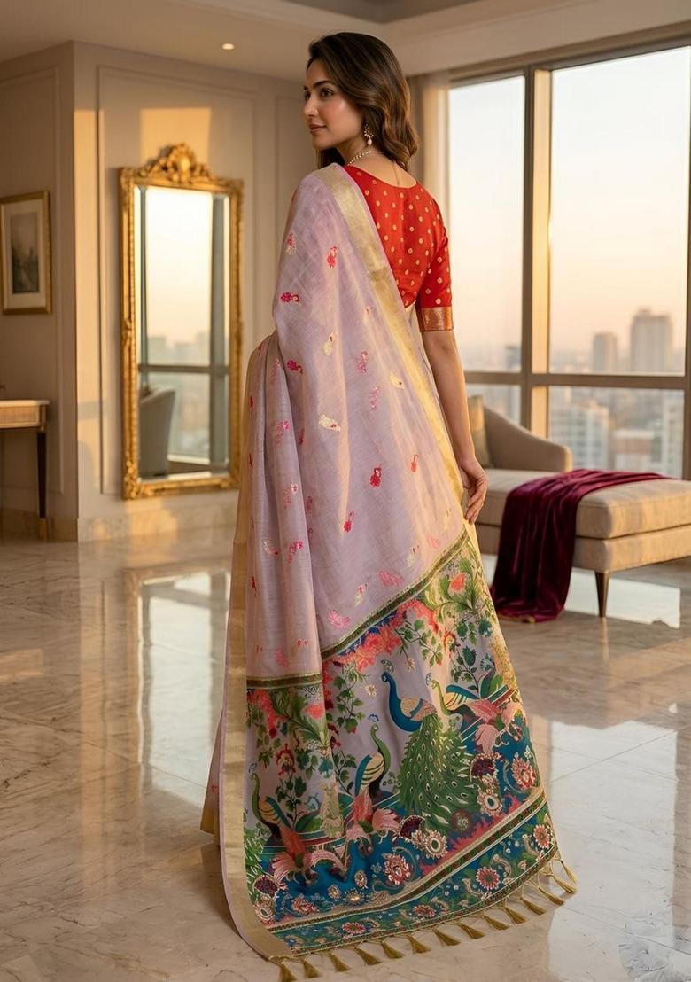 Lavender Zari Work Silk Saree Set - Indya