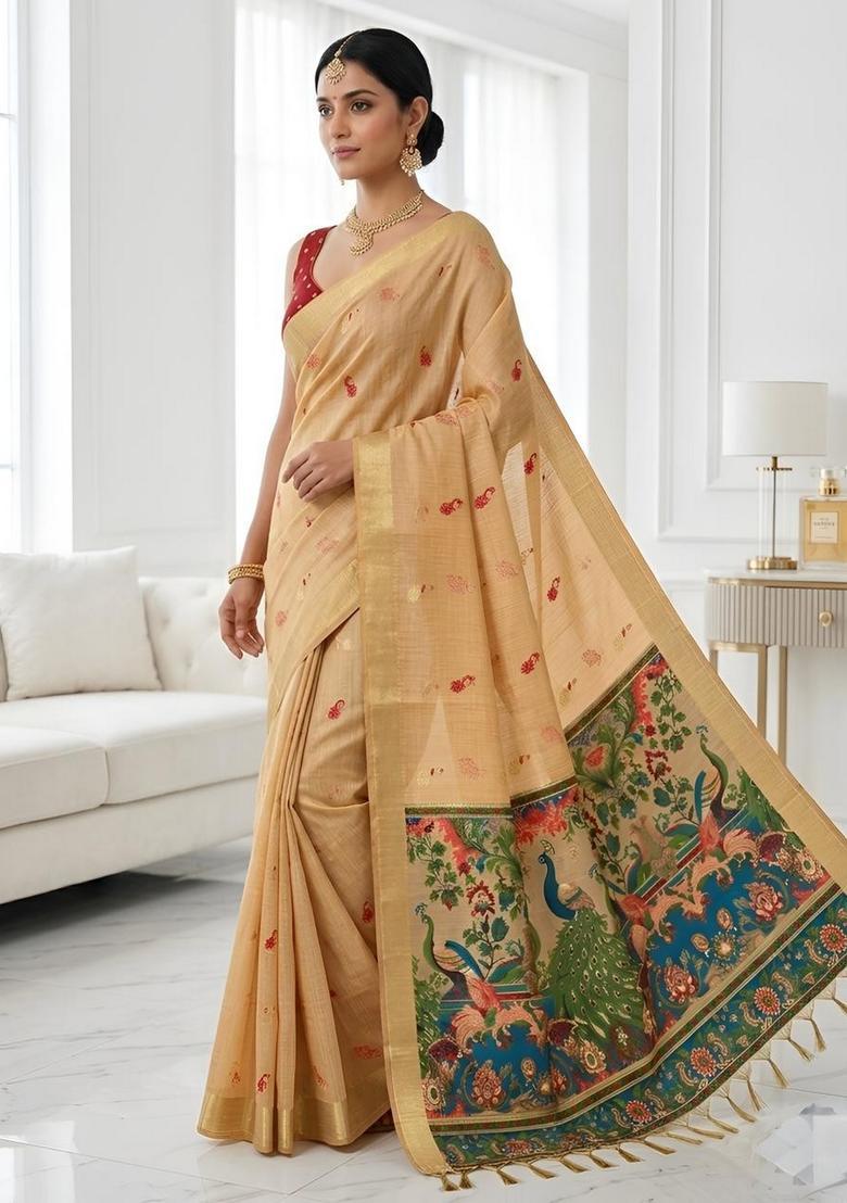 Orange Zari Work Silk Saree Set - Indya