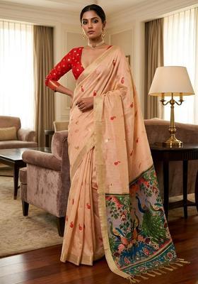 Peach Zari Work Silk Saree Set