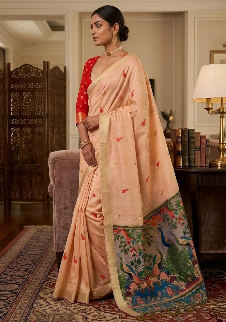 Peach Zari Work Silk Saree Set - Indya