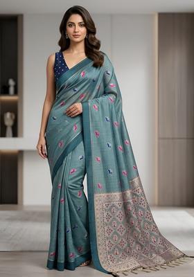 Blue Zari Work Silk Saree Set