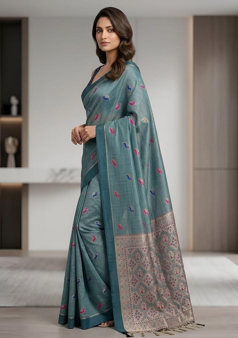 Blue Zari Work Silk Saree Set - Indya