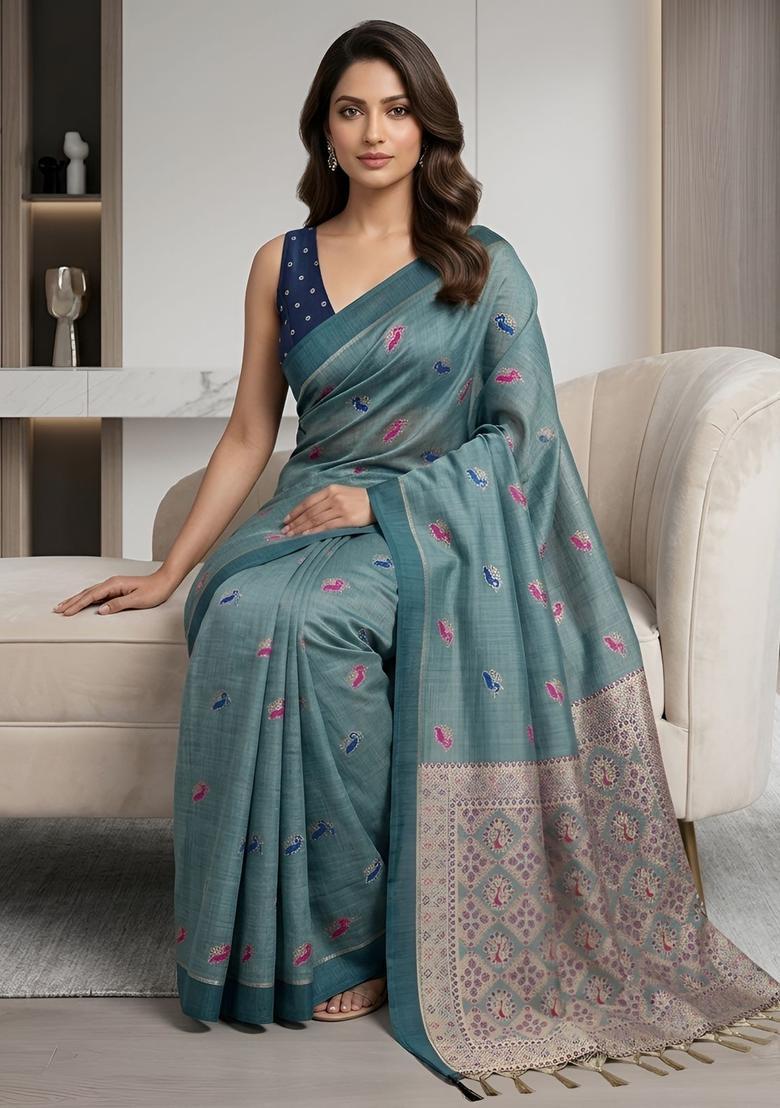 Blue Zari Work Silk Saree Set - Indya