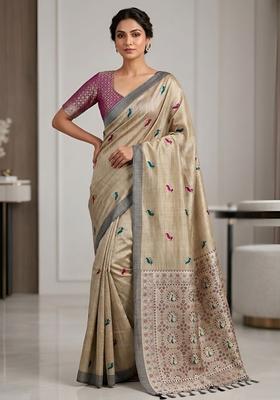 Beige Zari Work Silk Saree Set
