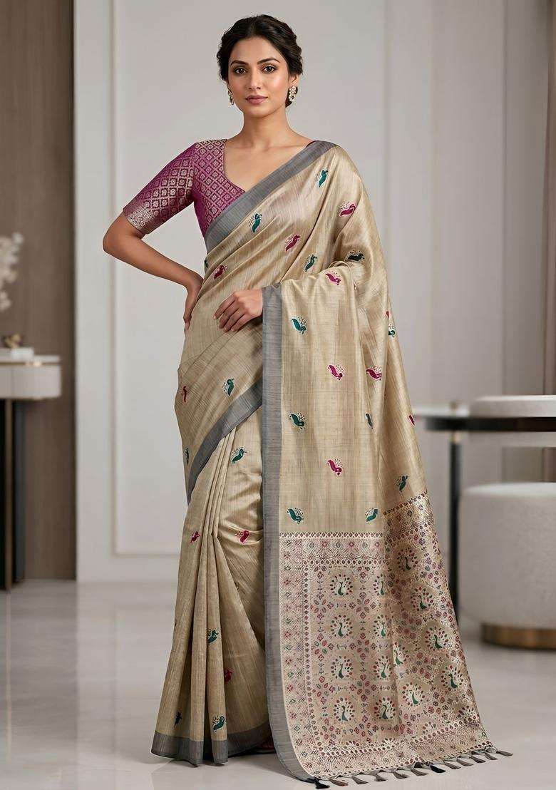 Beige Zari Work Silk Saree Set for Diwali and Festive Wear - Indya