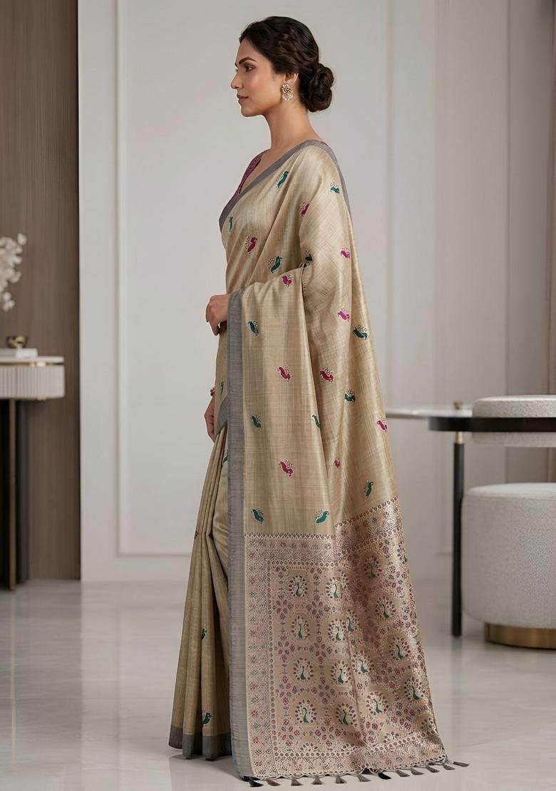 Beige Zari Work Silk Saree Set - Indya