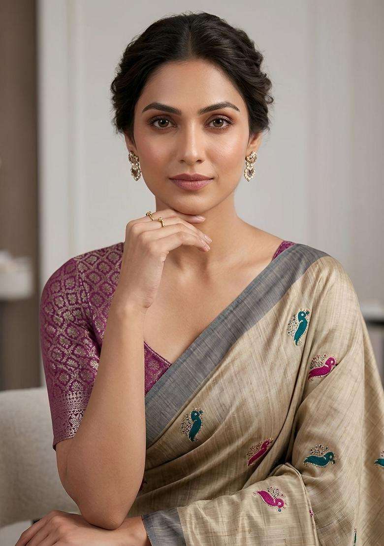 Beige Zari Work Silk Saree Set for Diwali and Festive Wear - Indya