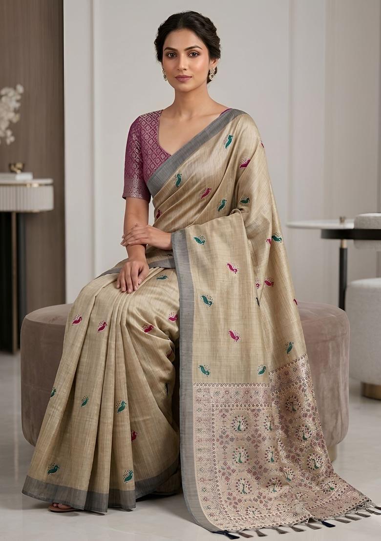 Beige Zari Work Silk Saree Set - Indya