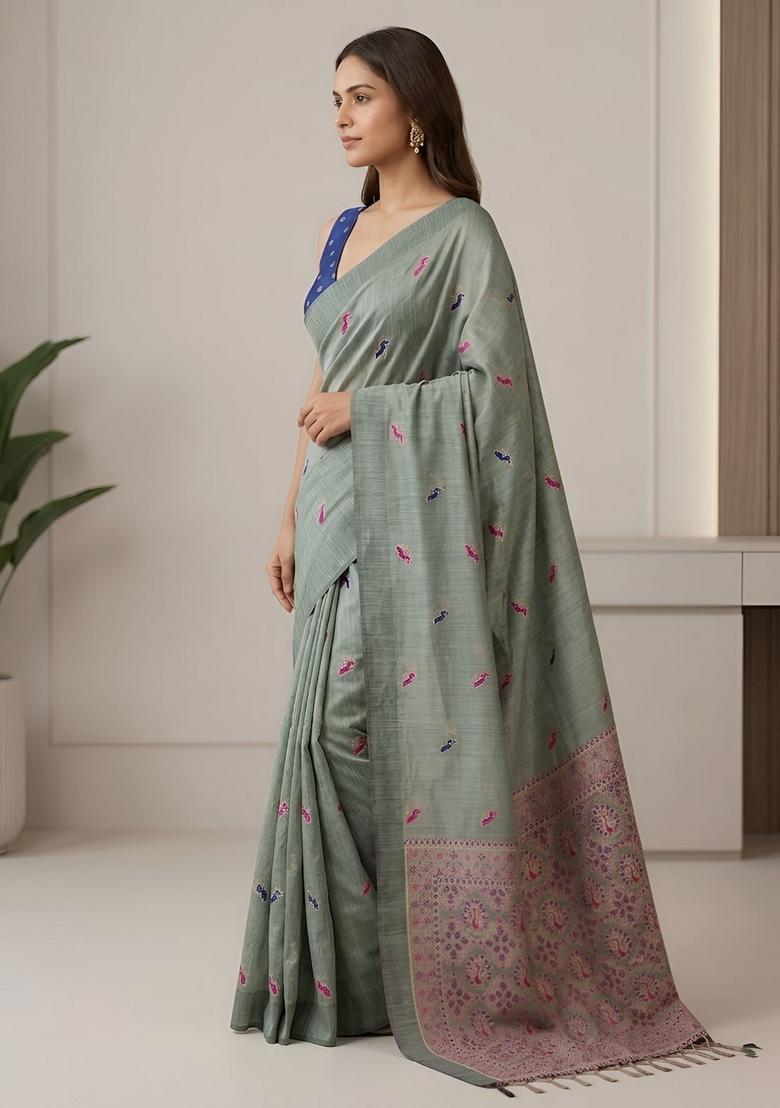 Green Zari Work Silk Saree Set - Indya