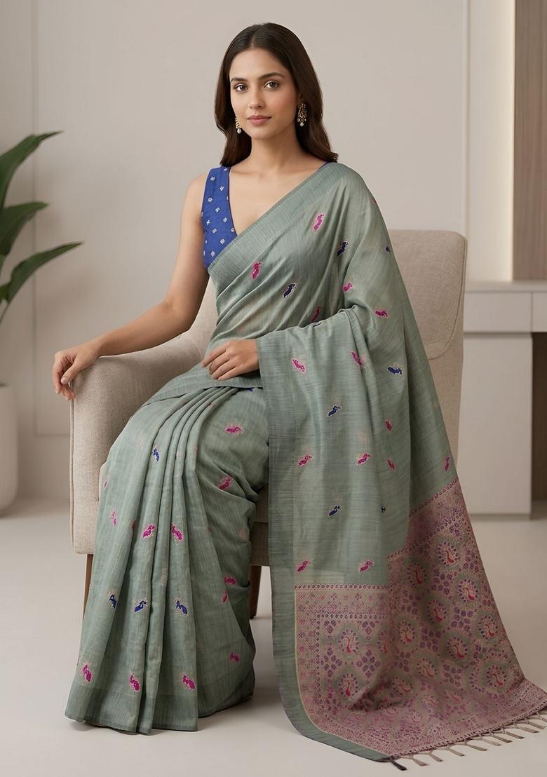 Green Zari Work Silk Saree Set - Indya