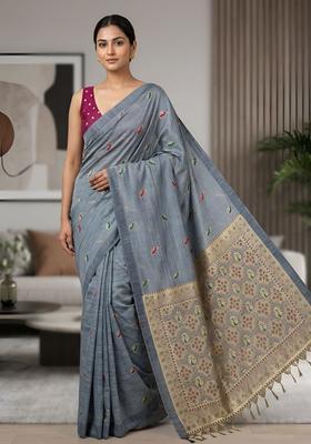 Grey Zari Work Silk Saree Set