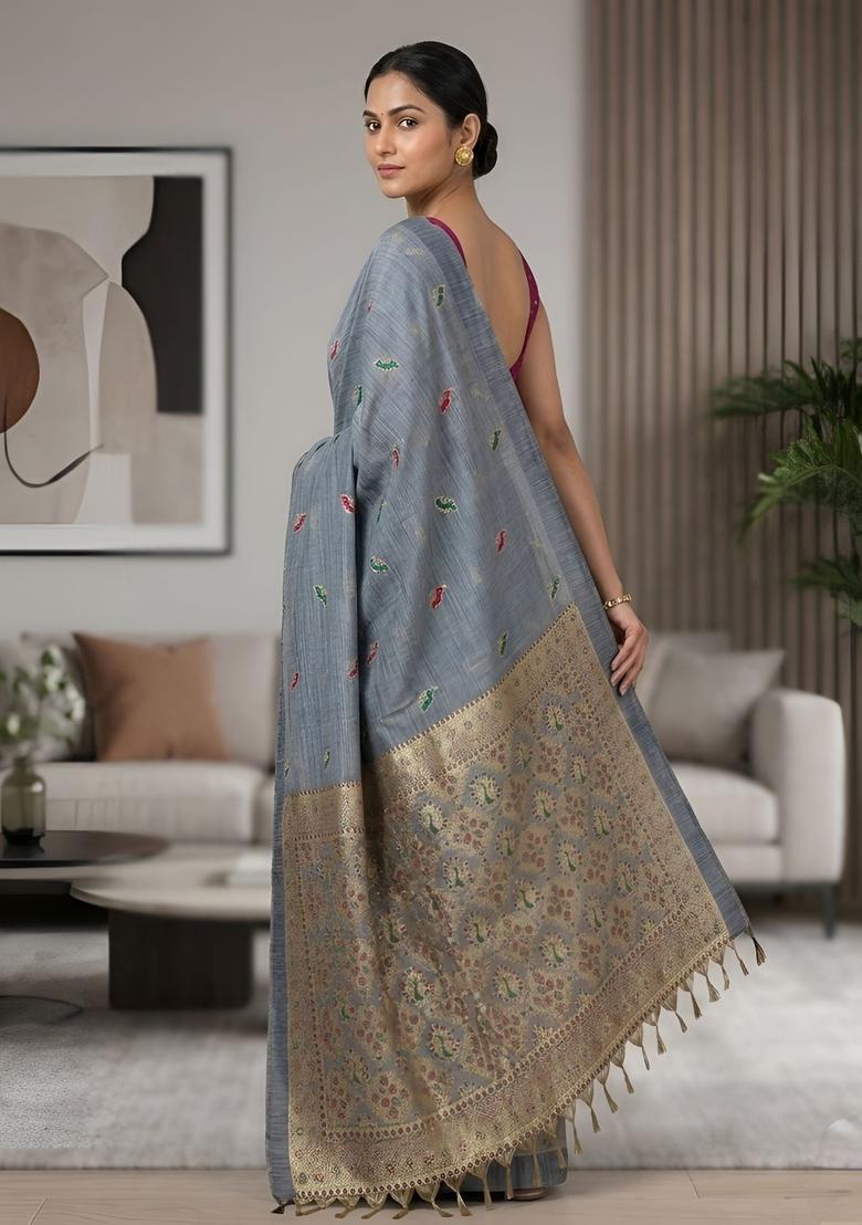 Grey Zari Work Silk Saree Set - Indya