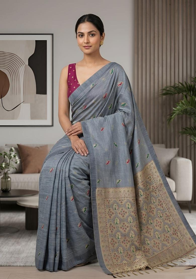 Grey Zari Work Silk Saree Set - Indya