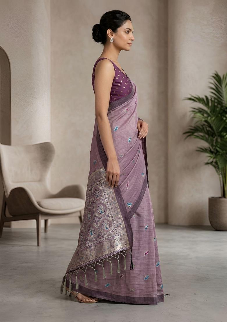 Pink Zari Work Silk Saree Set - Indya