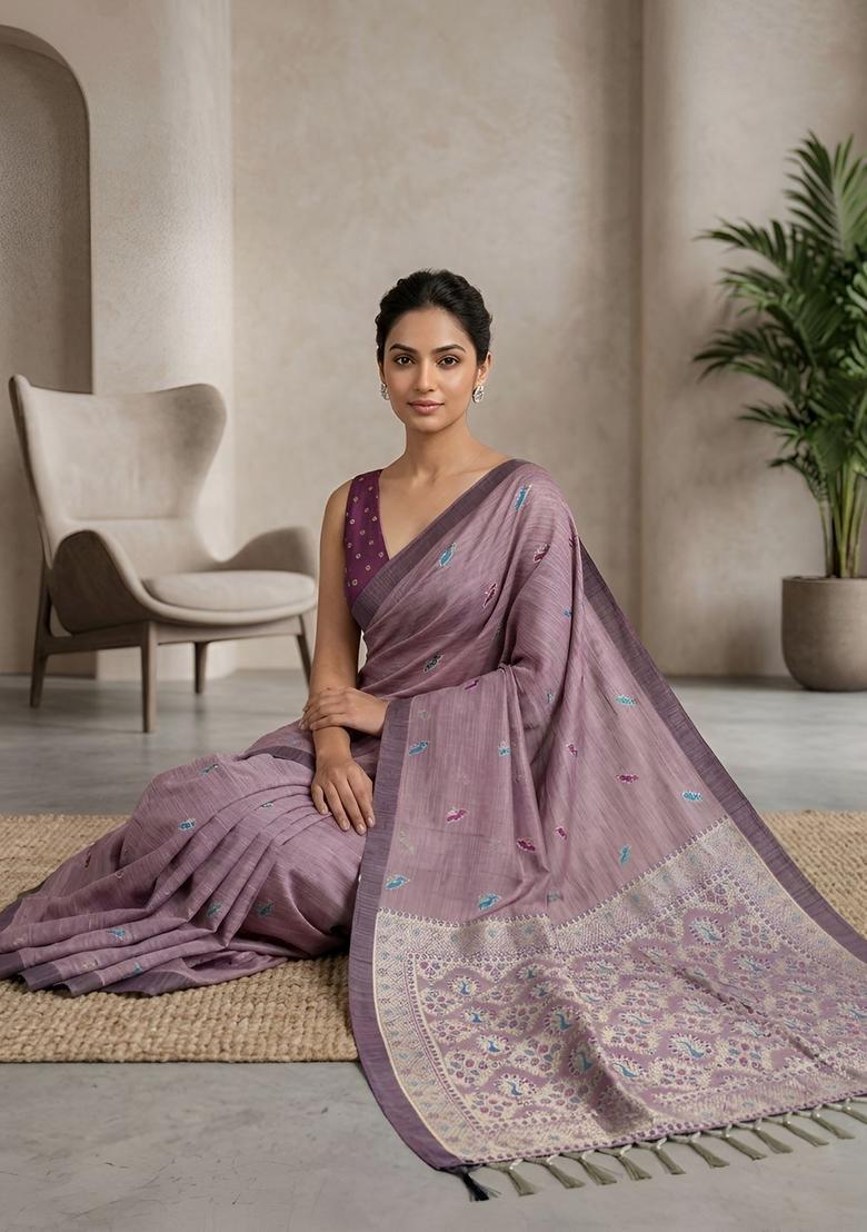 Pink Zari Work Silk Saree Set - Indya