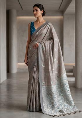 Grey Zari Work Silk Saree Set
