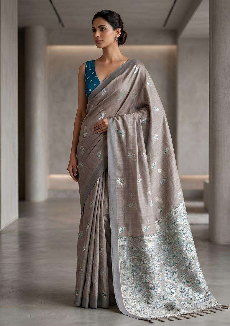 Grey Silk Saree Set with Zari Work for Diwali | Wedding & Festive Wear - Indya