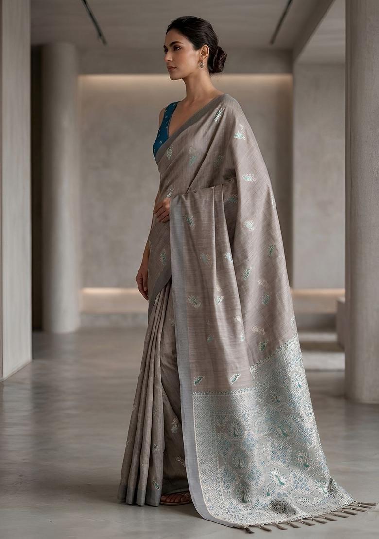 Grey Zari Work Silk Saree Set - Indya