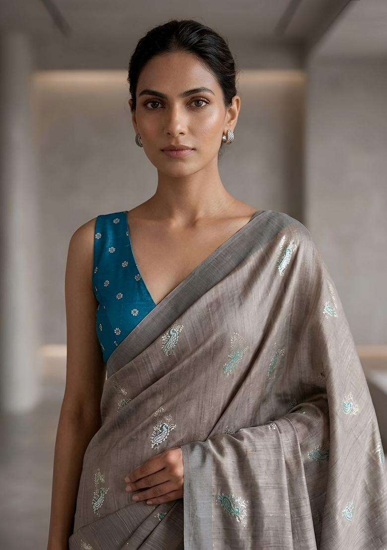 Grey Silk Saree Set with Zari Work for Diwali | Wedding & Festive Wear - Indya