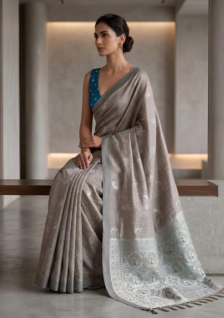 Grey Zari Work Silk Saree Set - Indya