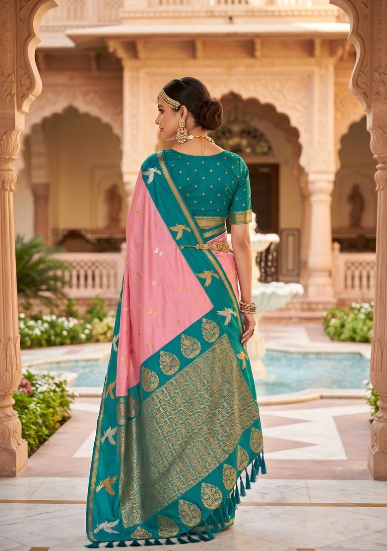 Pink Zari Work Silk Saree Set - Indya