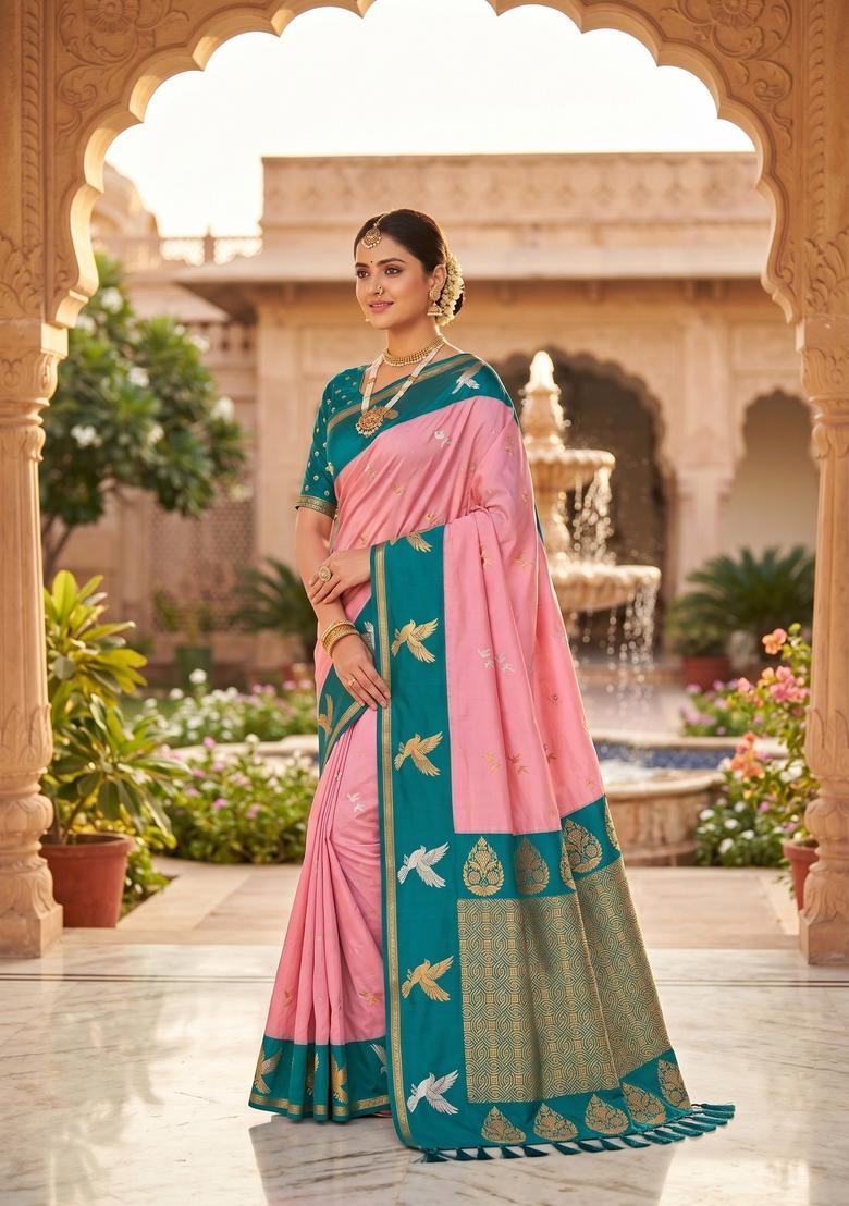 Pink Zari Work Silk Saree Set - Indya