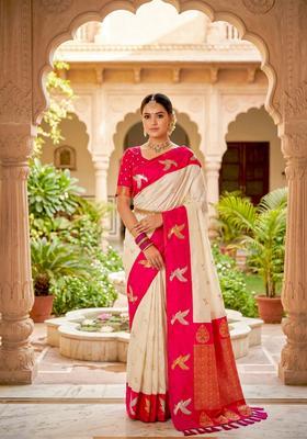 Cream Zari Work Silk Saree Set