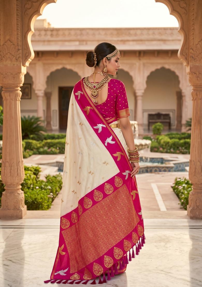 Cream Zari Work Silk Saree Set - Indya