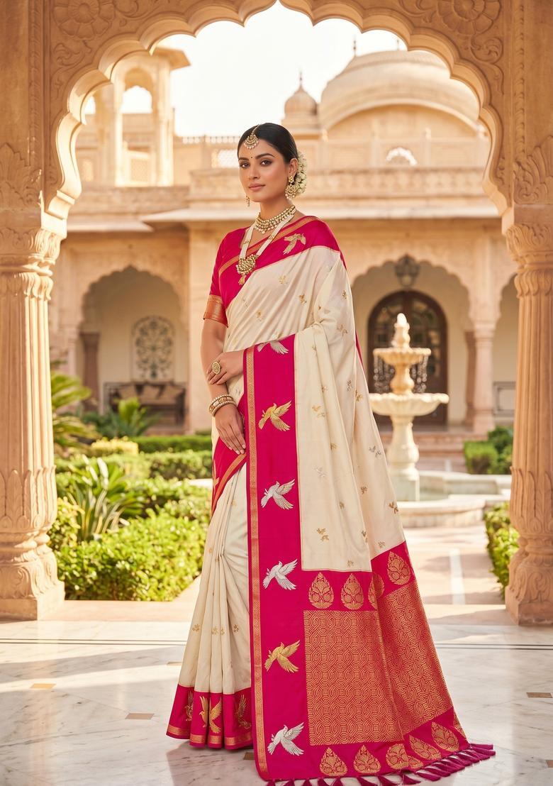 Cream Zari Work Silk Saree Set - Indya