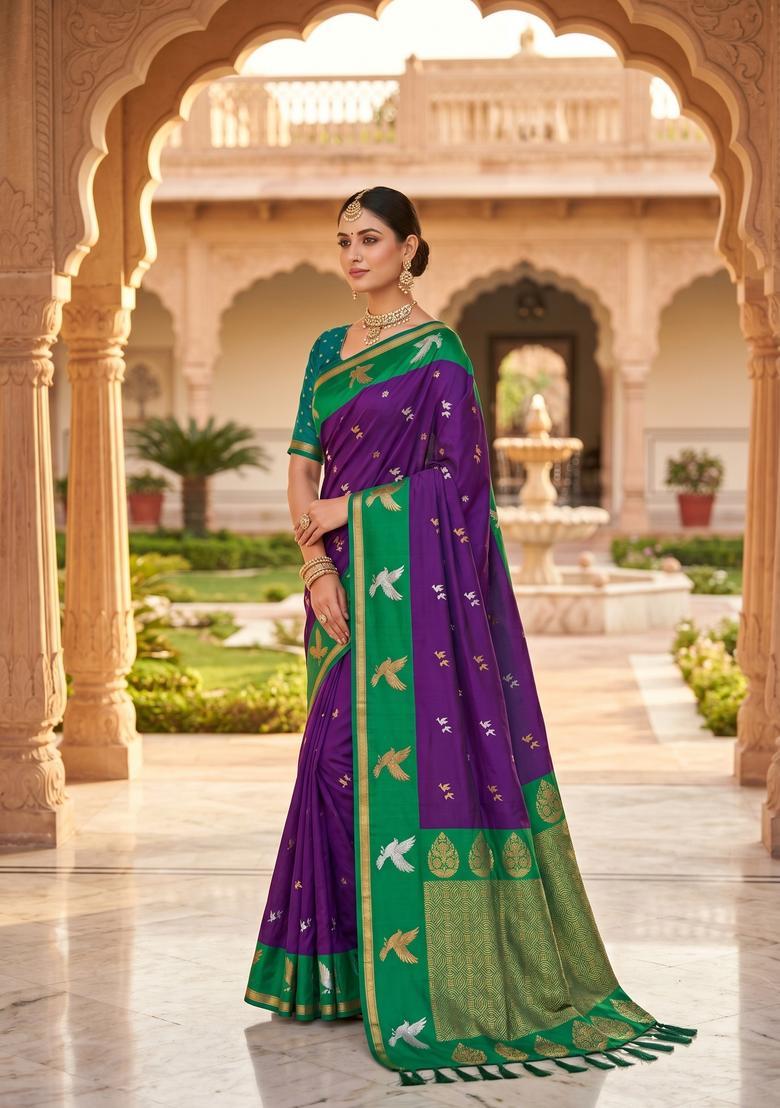 Magenta Zari Work Silk Saree Set - Indya
