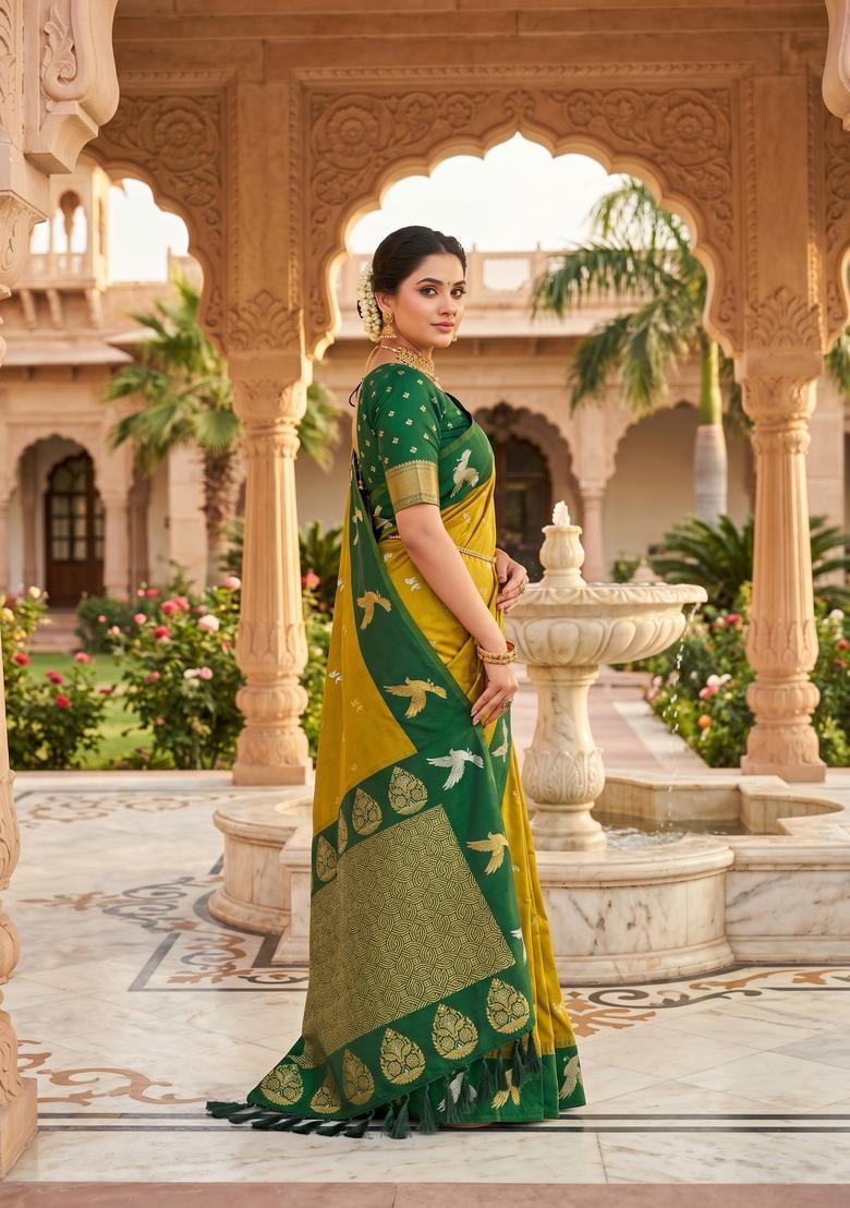 Green Zari Work Silk Saree Set - Indya