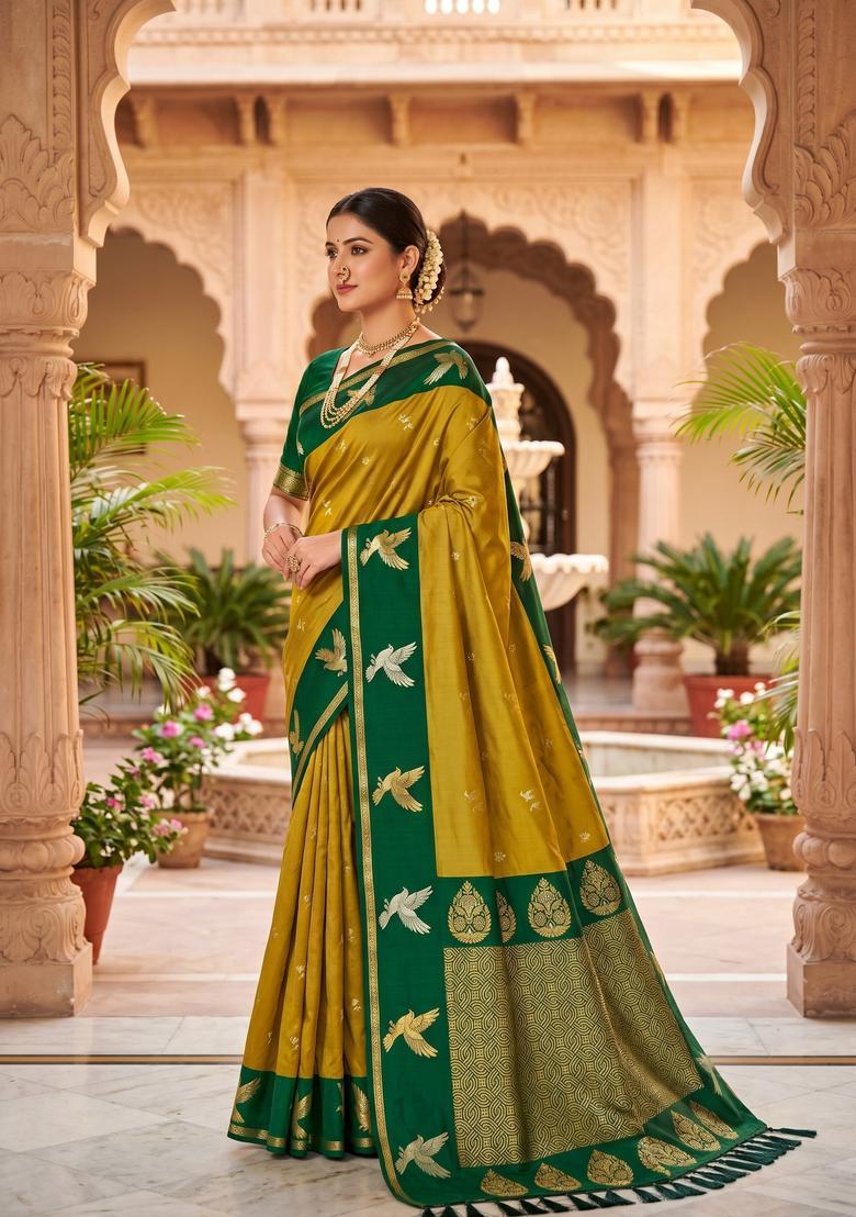 Green Zari Work Silk Saree Set - Indya
