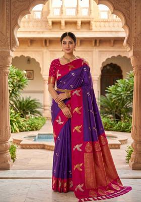 Purple Zari Work Silk Saree Set