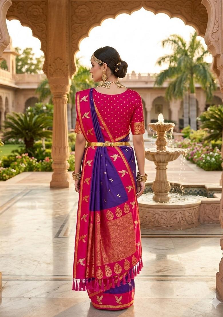 Purple Zari Work Silk Saree Set - Indya
