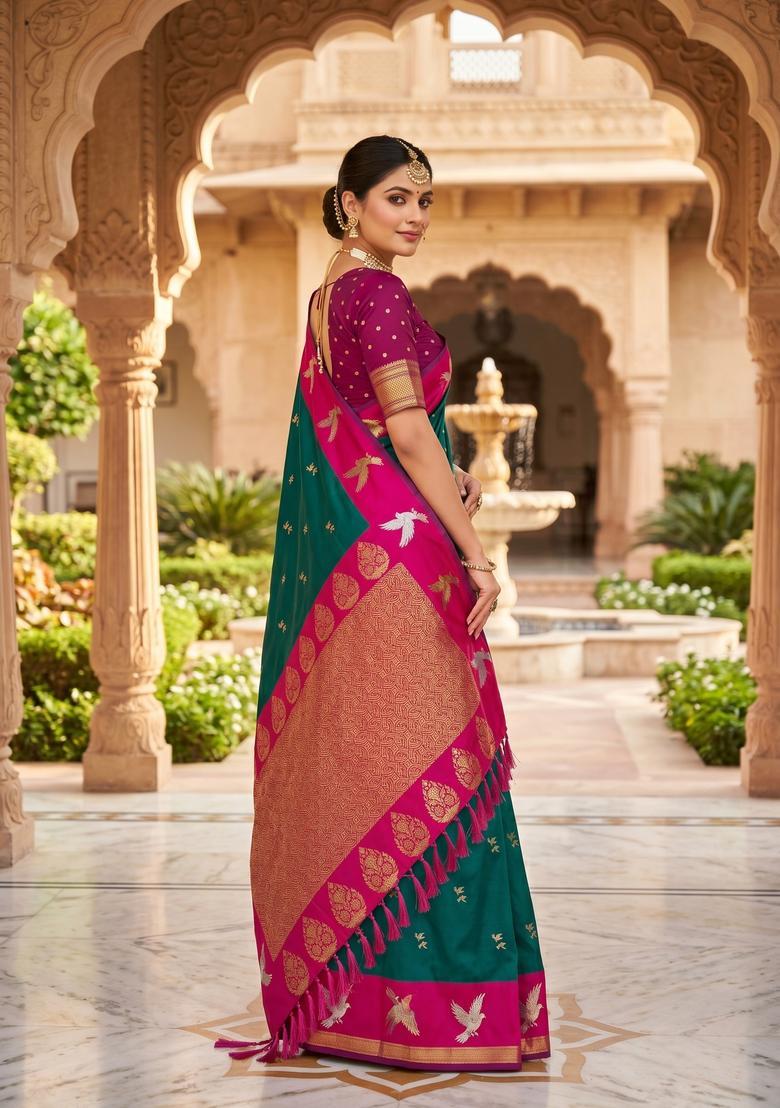 Green Zari Work Silk Saree Set - Indya
