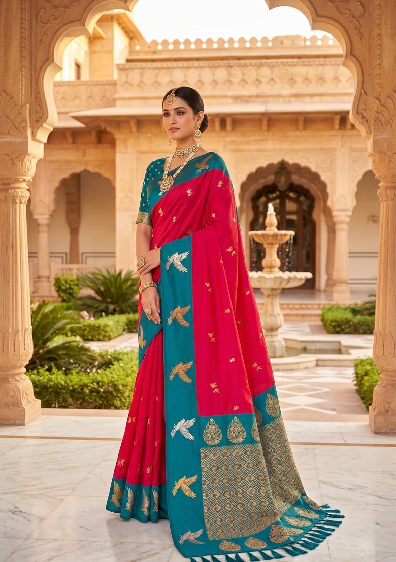 Pink Zari Work Silk Saree Set - Indya