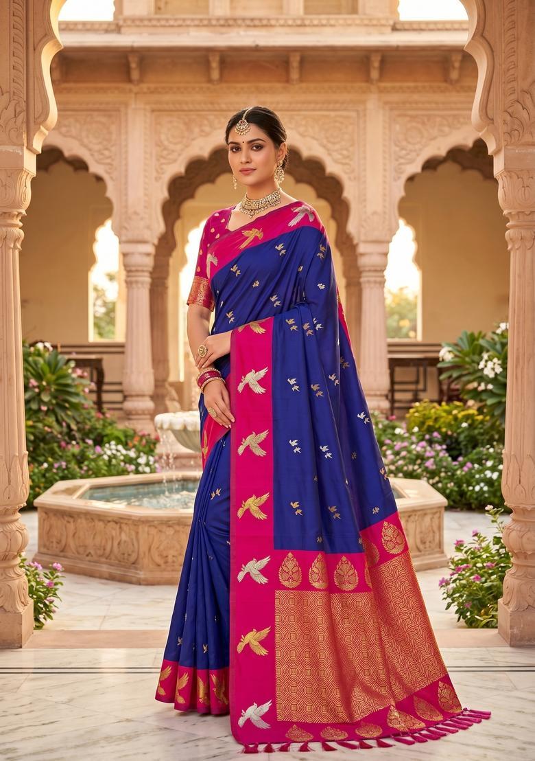 Blue Zari Work Silk Saree Set - Indya