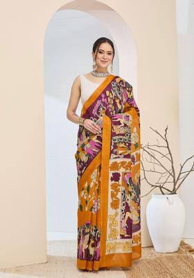 Orange Printed Silk Saree Set