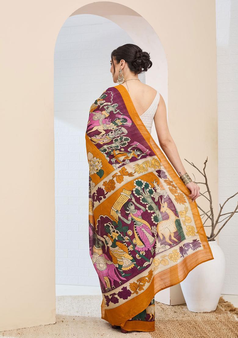 Orange Printed Silk Saree Set - Indya