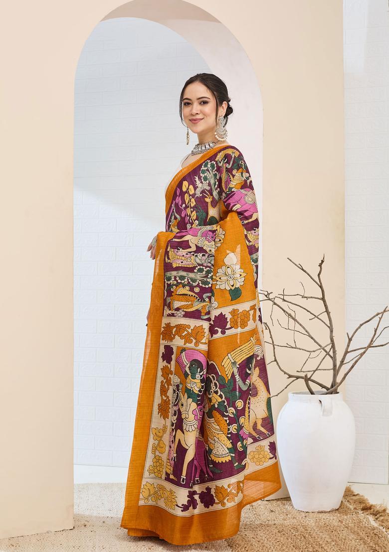 Orange Printed Silk Saree Set - Indya