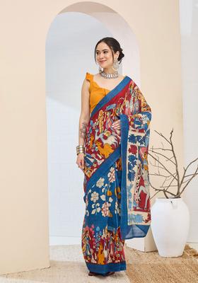 Blue Printed Silk Saree Set