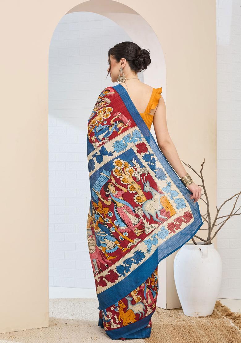 Blue Printed Silk Saree Set - Indya