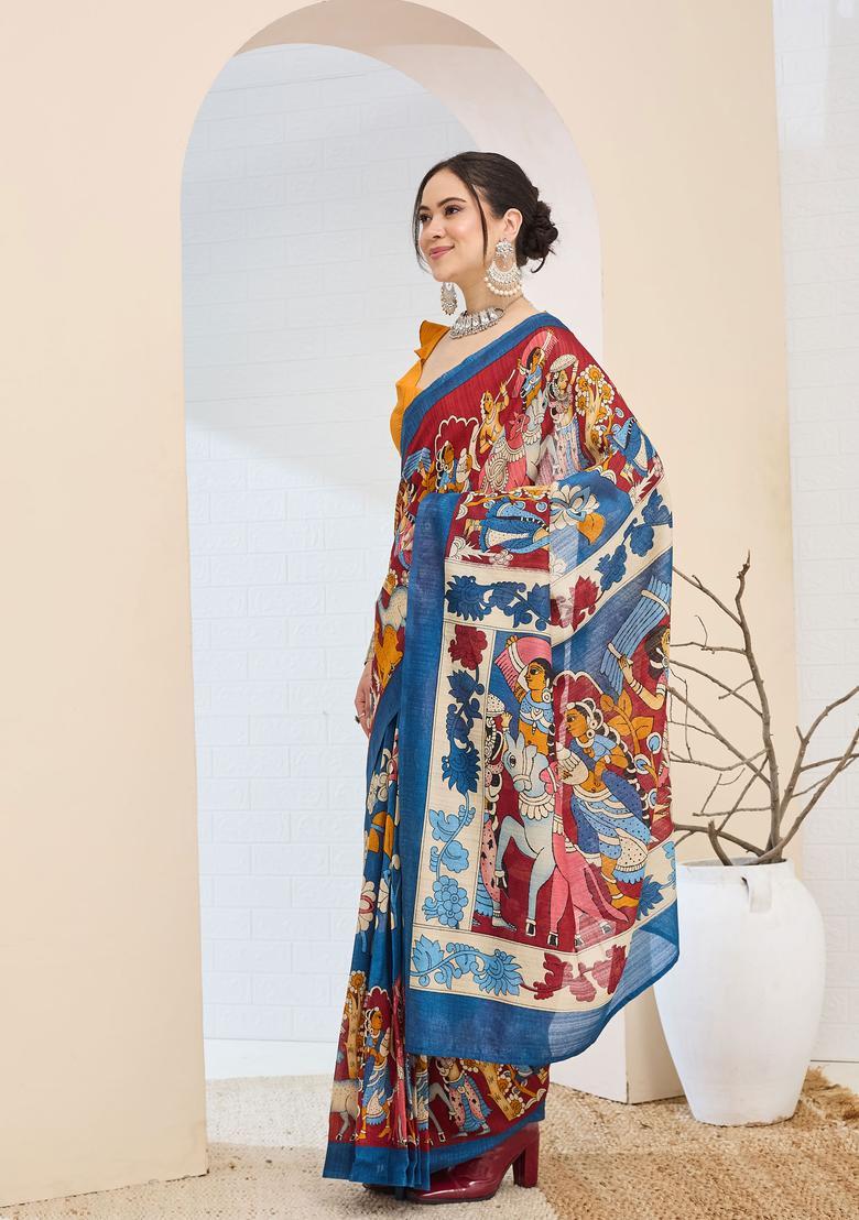 Blue Printed Silk Saree Set - Indya